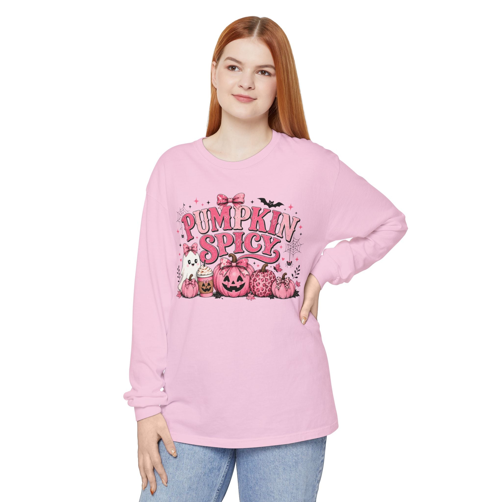 Pumpkin Spicy Long Sleeve Tee — Cute Pink Halloween Pumpkin Design