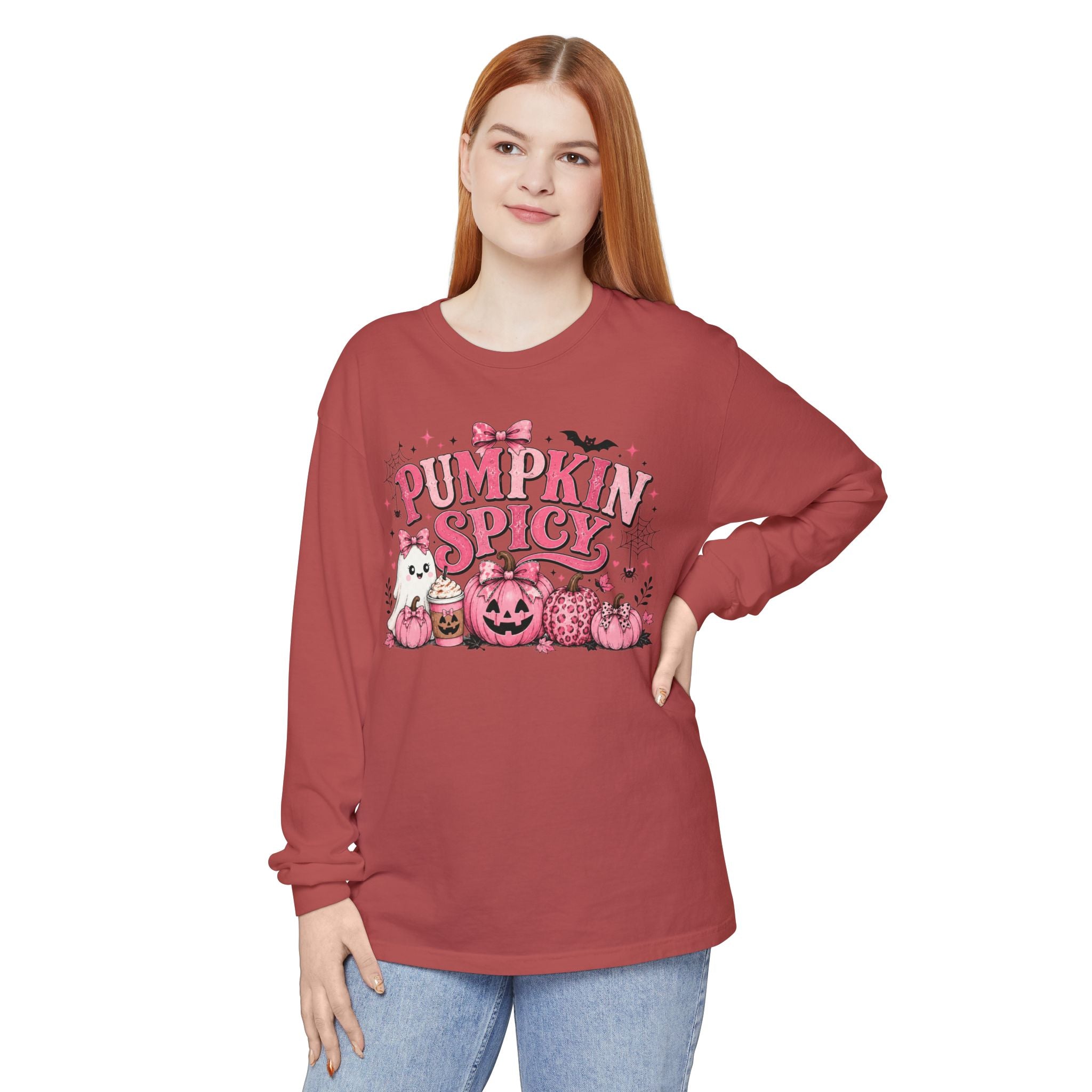 Pumpkin Spicy Long Sleeve Tee — Cute Pink Halloween Pumpkin Design