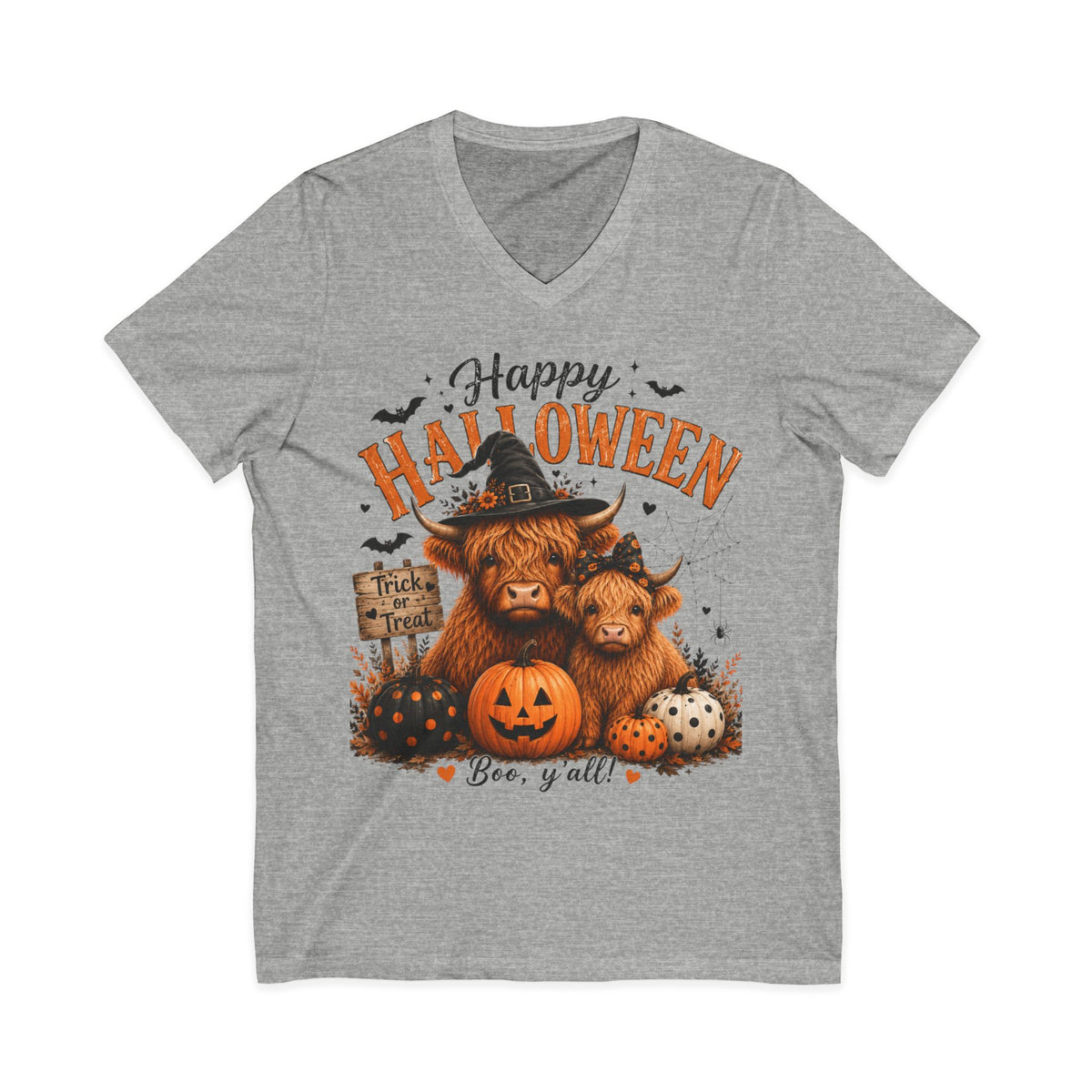 Halloween Highland Cow V-Neck Tee – "Happy Halloween" Boo Y'all Pumpkin Design