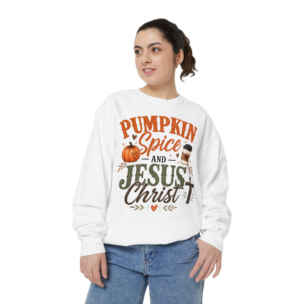 Pumpkin Spice and Jesus Christ Sweatshirt — Fall Christian Comfort Crewneck