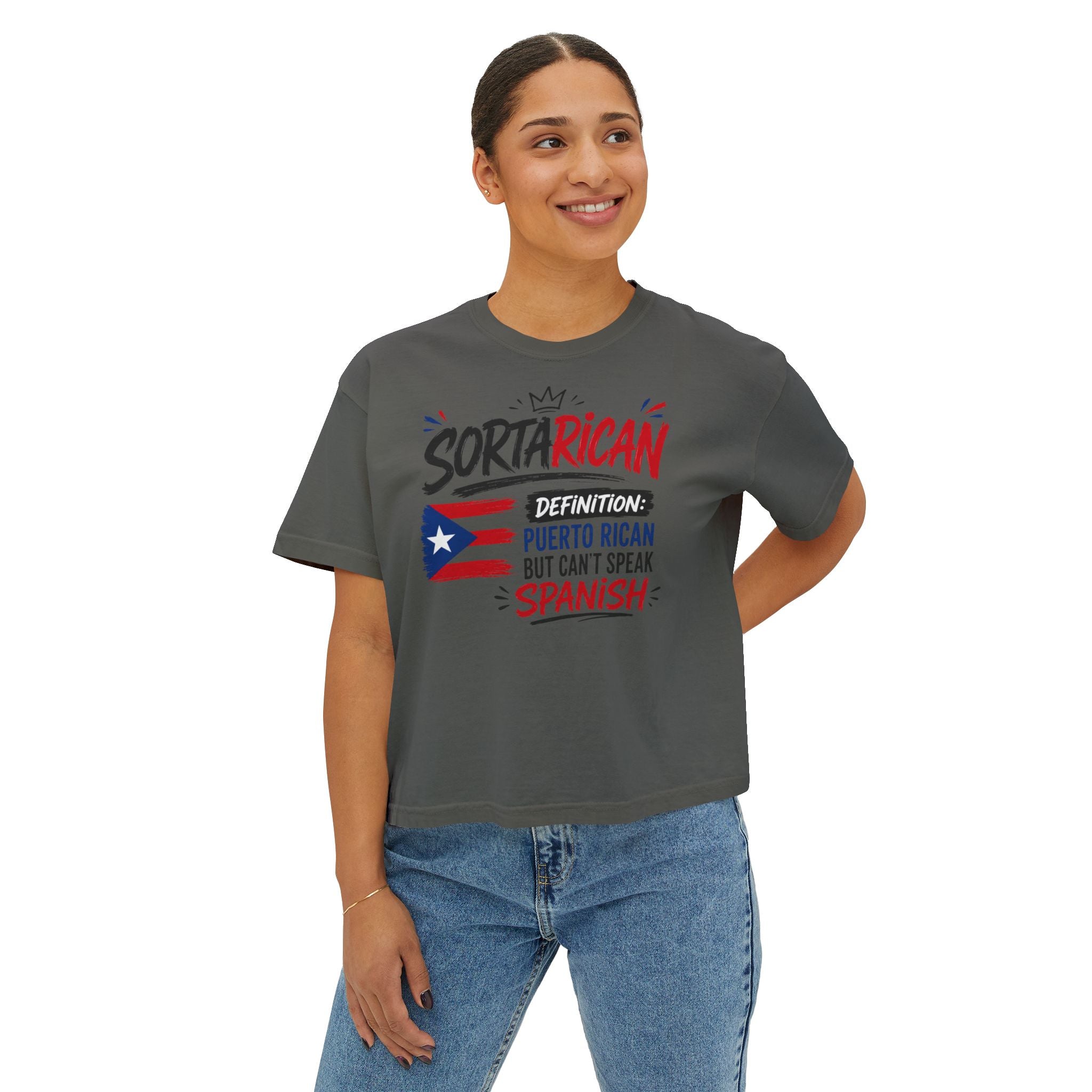 Sorta Rican Boxy Tee — "Sortarican: Puerto Rican but Can't Speak Spanish" Casual Pride T‑Shirt