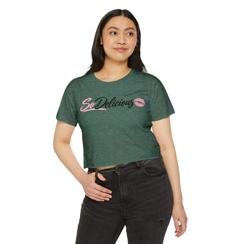 Women's Festival Crop Top — "So Delicious" Front & "I'll Be Up The Gym" Fitness Graphic Crop