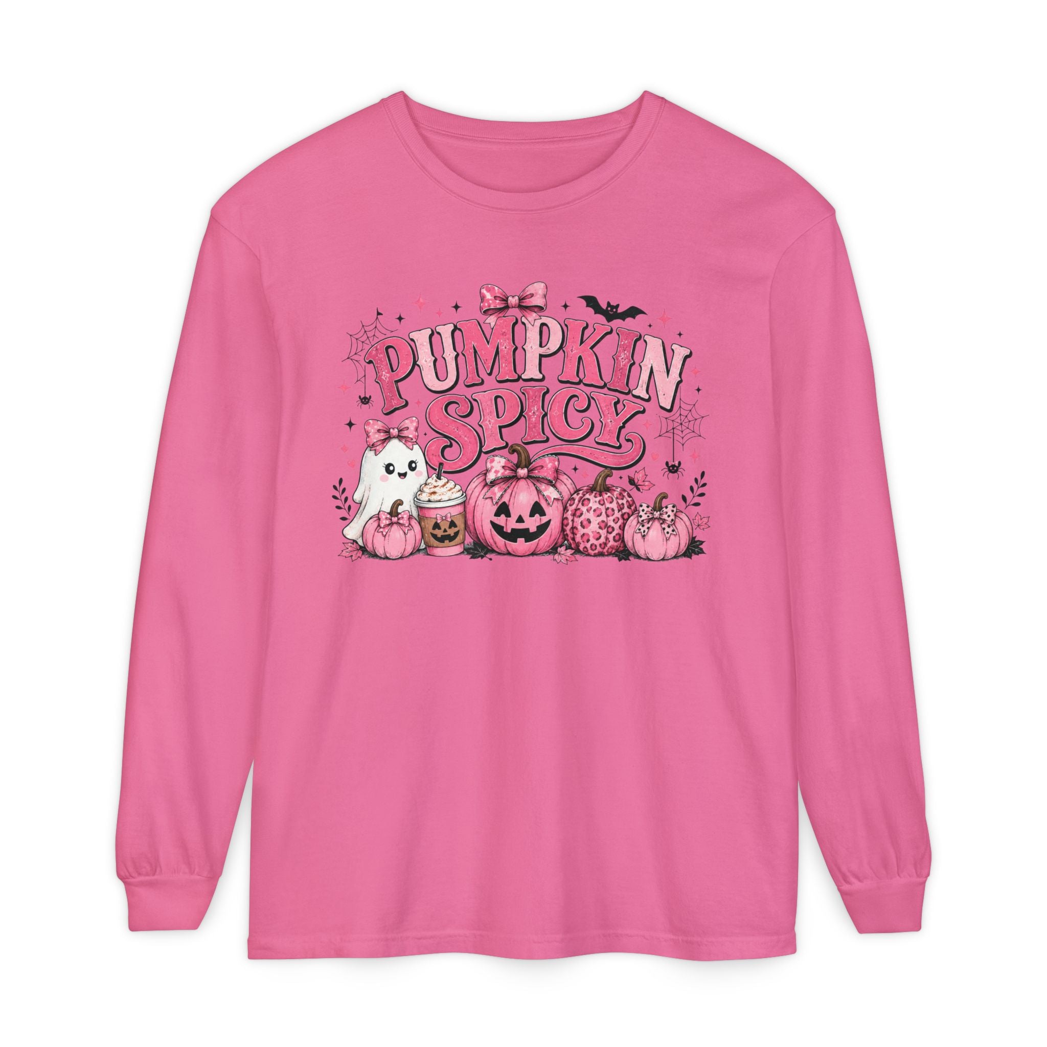 Pumpkin Spicy Long Sleeve Tee — Cute Pink Halloween Pumpkin Design