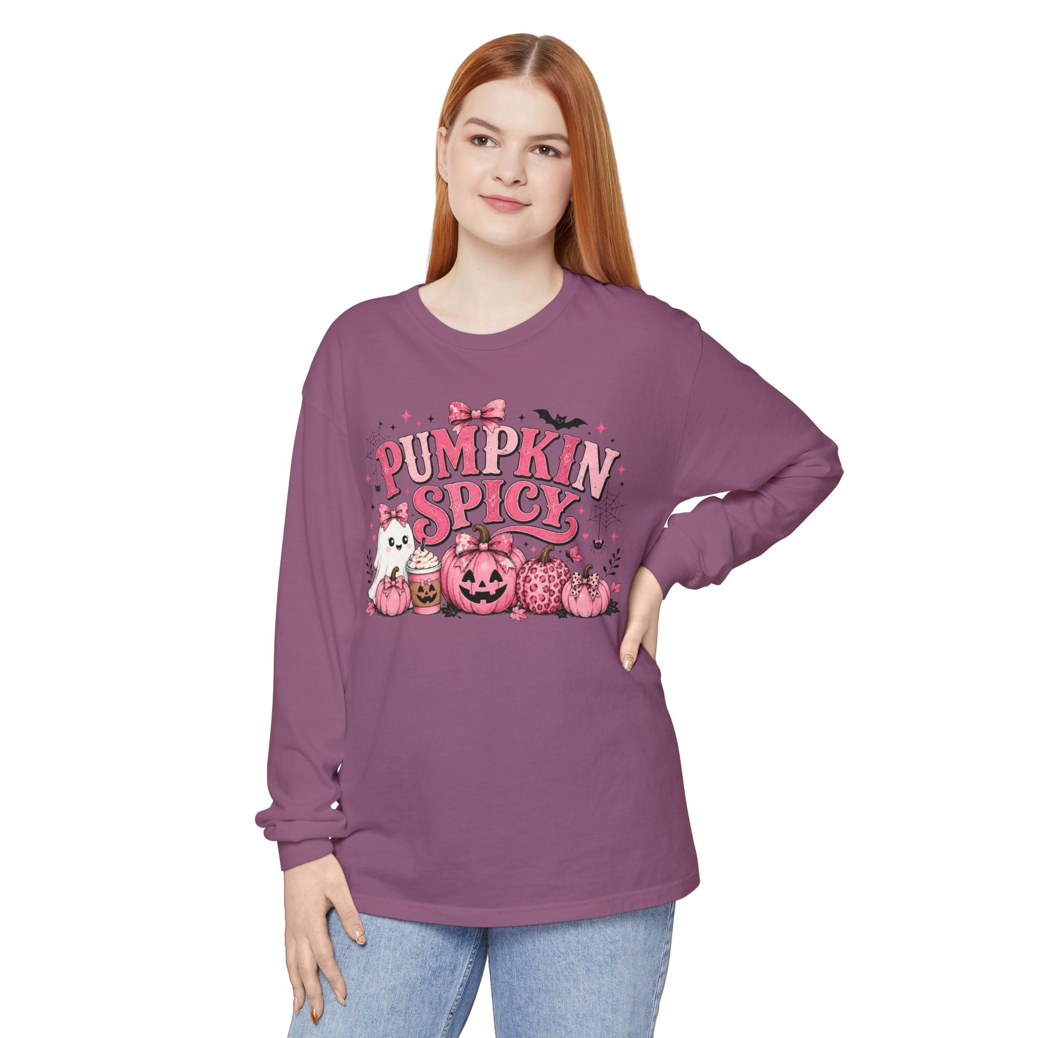 Pumpkin Spicy Long Sleeve Tee — Cute Pink Halloween Pumpkin Design