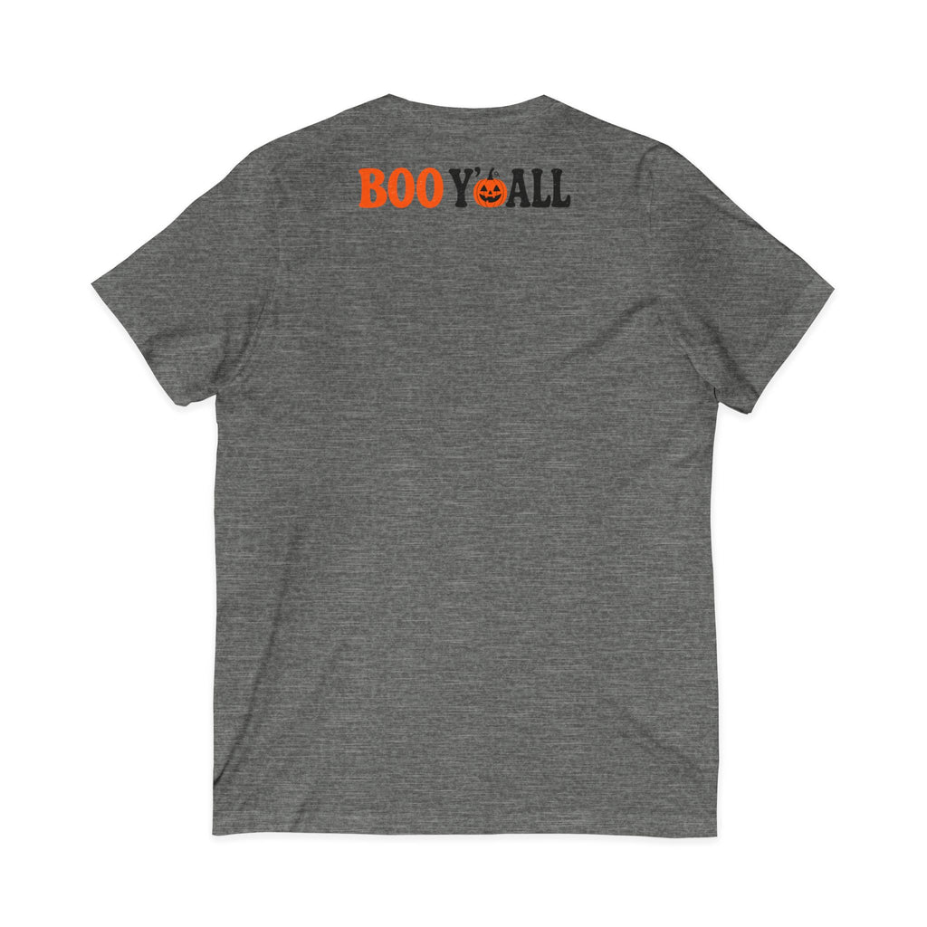 Halloween Highland Cow V-Neck Tee – "Happy Halloween" Boo Y'all Pumpkin Design