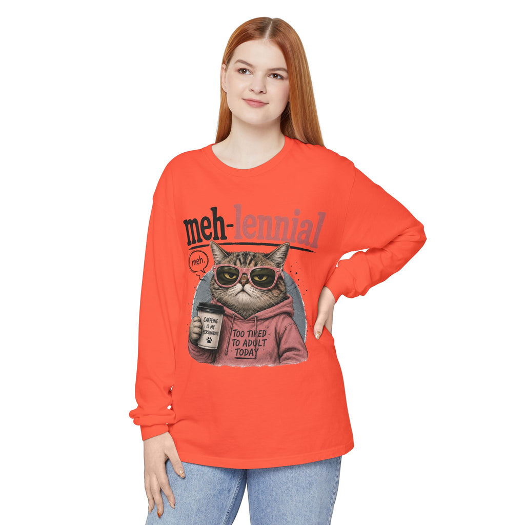 Meh-lennial Cat Long Sleeve Tee — "Too Tired to Adult Today" Graphic
