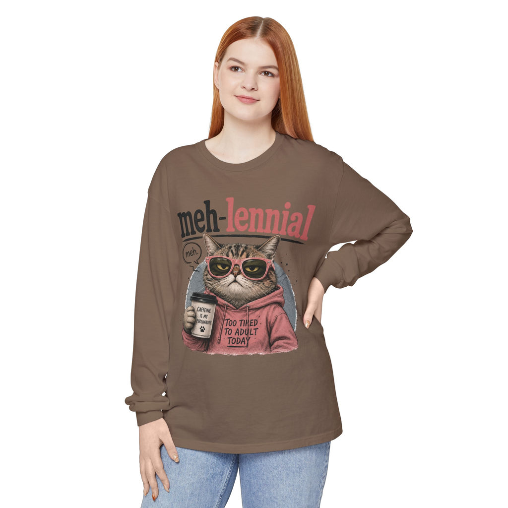 Meh-lennial Cat Long Sleeve Tee — "Too Tired to Adult Today" Graphic