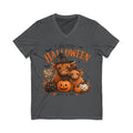 Halloween Highland Cow V-Neck Tee – "Happy Halloween" Boo Y'all Pumpkin Design