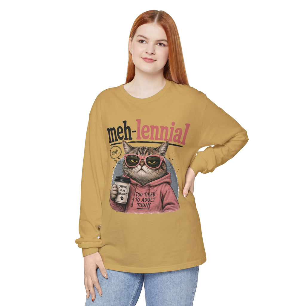 Meh-lennial Cat Long Sleeve Tee — "Too Tired to Adult Today" Graphic