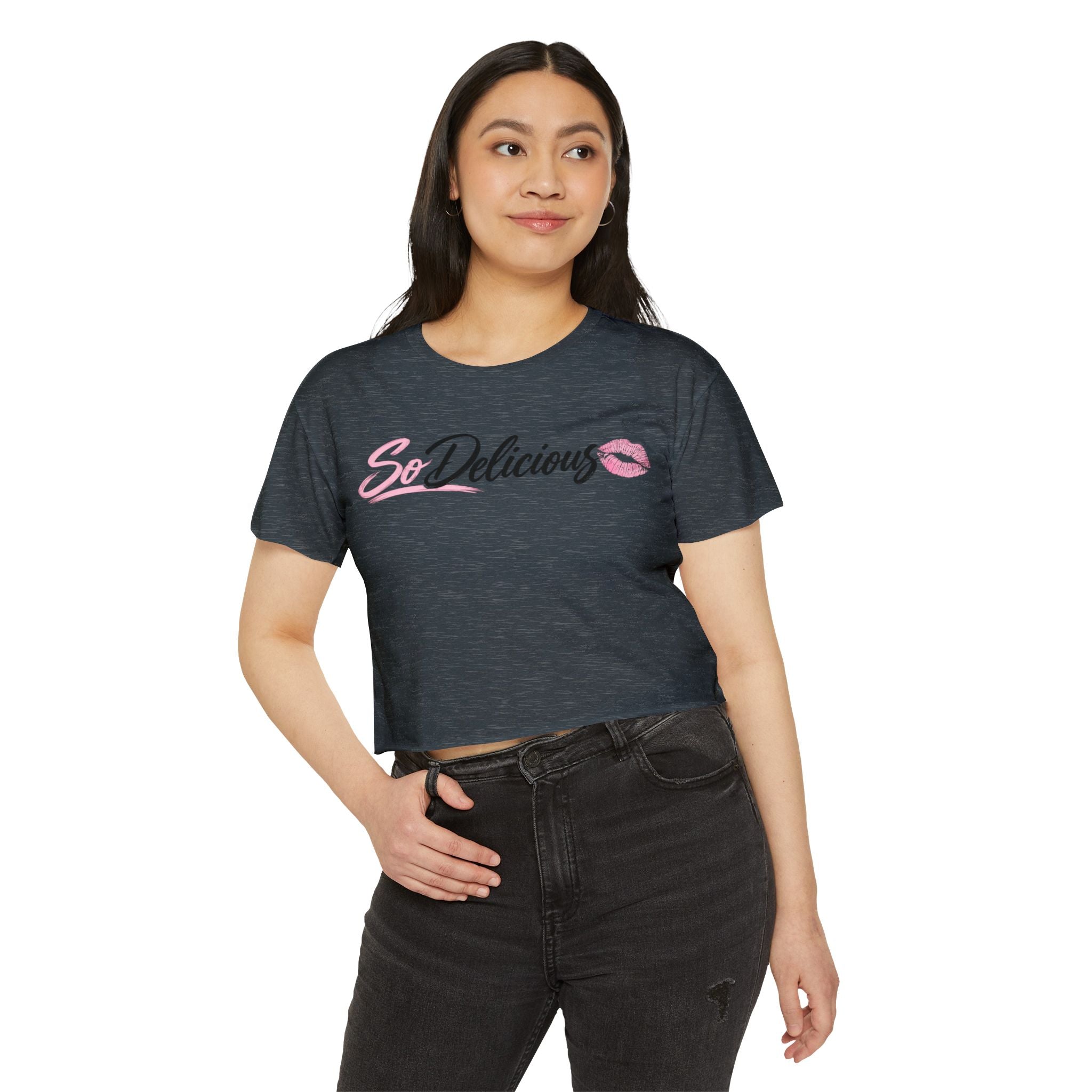 Women's Festival Crop Top — "So Delicious" Front & "I'll Be Up The Gym" Fitness Graphic Crop