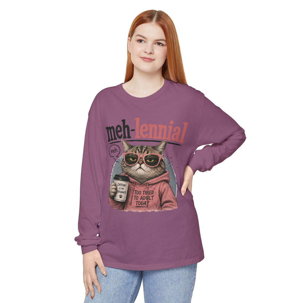 Meh-lennial Cat Long Sleeve Tee — "Too Tired to Adult Today" Graphic