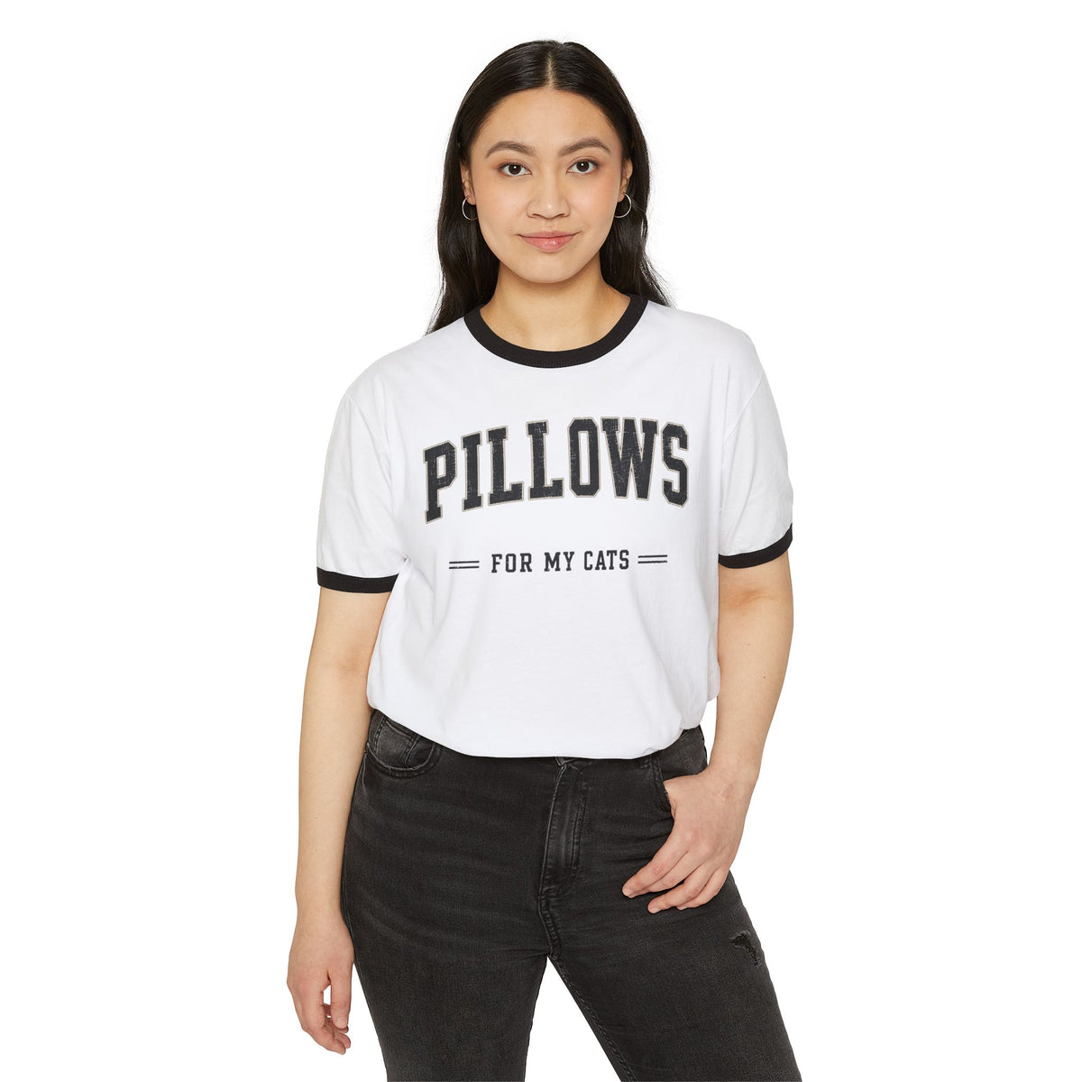 Pillows For My Cats Ringer T-Shirt — Vintage Cat Lover Tee