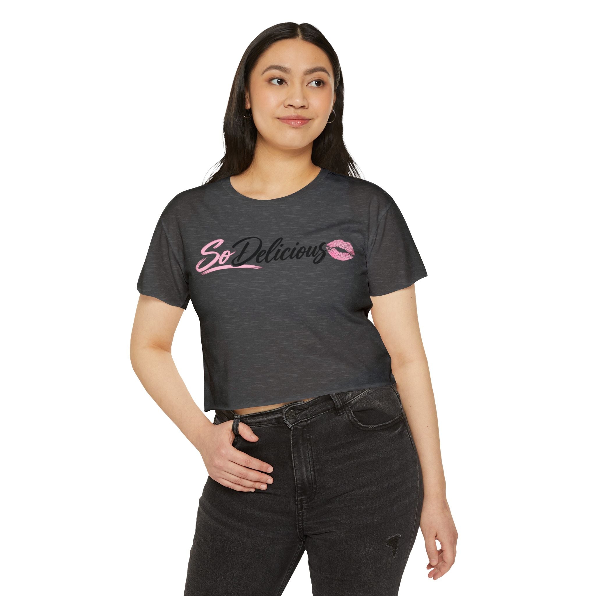 Women's Festival Crop Top — "So Delicious" Front & "I'll Be Up The Gym" Fitness Graphic Crop