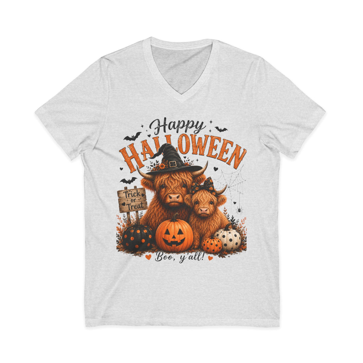 Halloween Highland Cow V-Neck Tee – "Happy Halloween" Boo Y'all Pumpkin Design