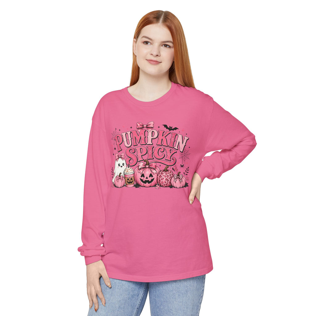 Pumpkin Spicy Long Sleeve Tee — Cute Pink Halloween Pumpkin Design