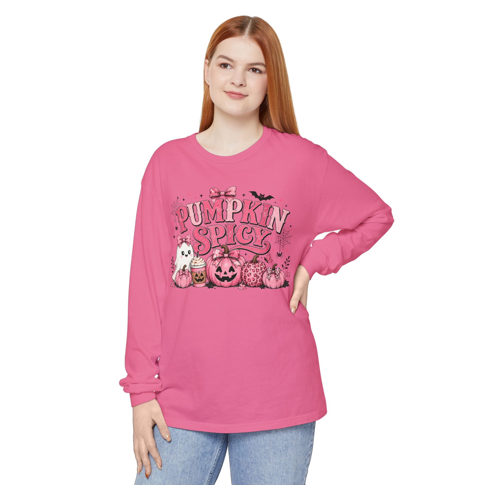 Pumpkin Spicy Long Sleeve Tee — Cute Pink Halloween Pumpkin Design