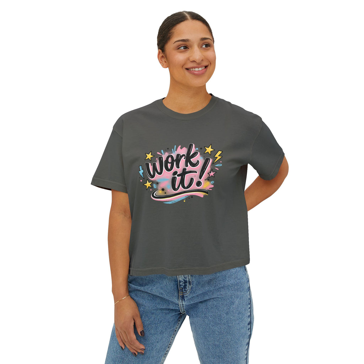 Work It! Women's Boxy Tee — Retro Motivational Graphic "I Put My Thang Down"