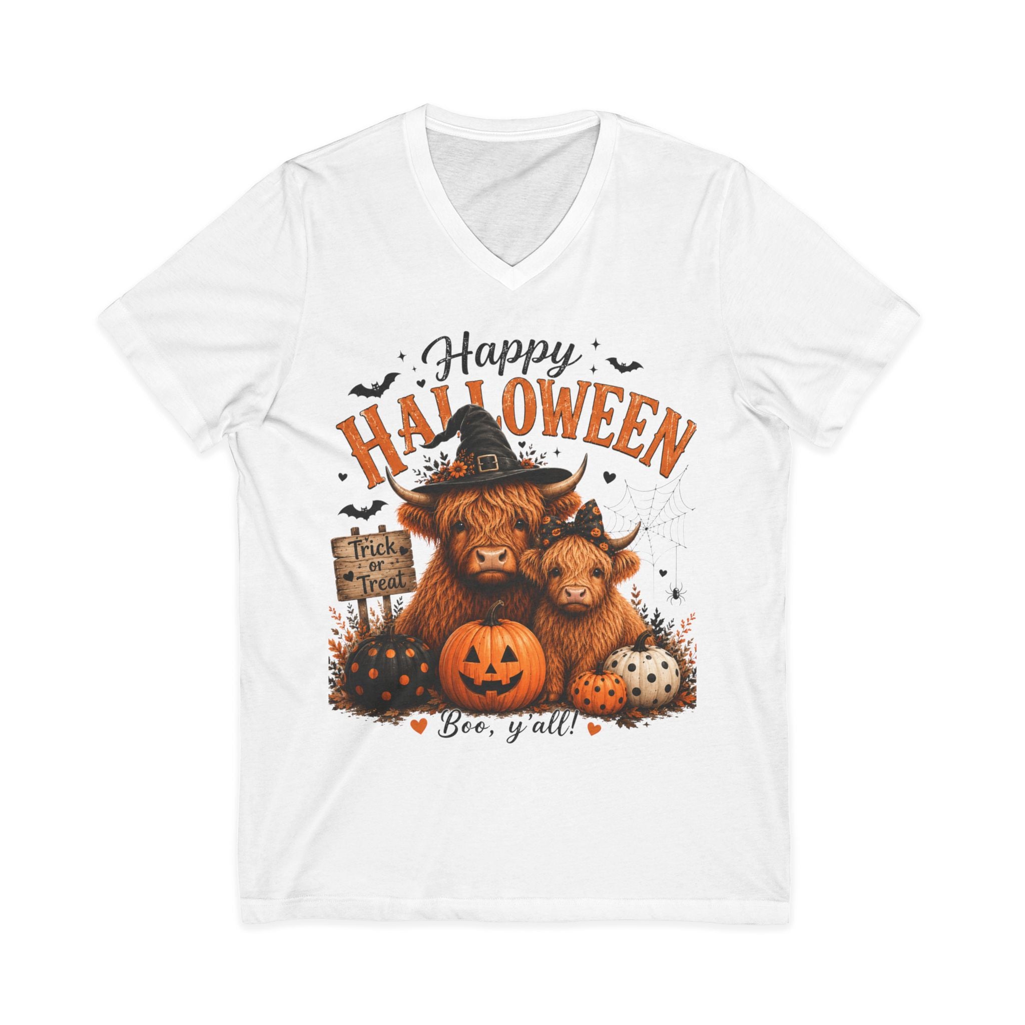 Halloween Highland Cow V-Neck Tee – "Happy Halloween" Boo Y'all Pumpkin Design