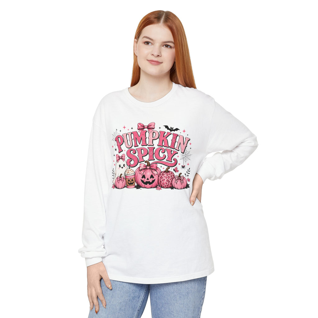 Pumpkin Spicy Long Sleeve Tee — Cute Pink Halloween Pumpkin Design