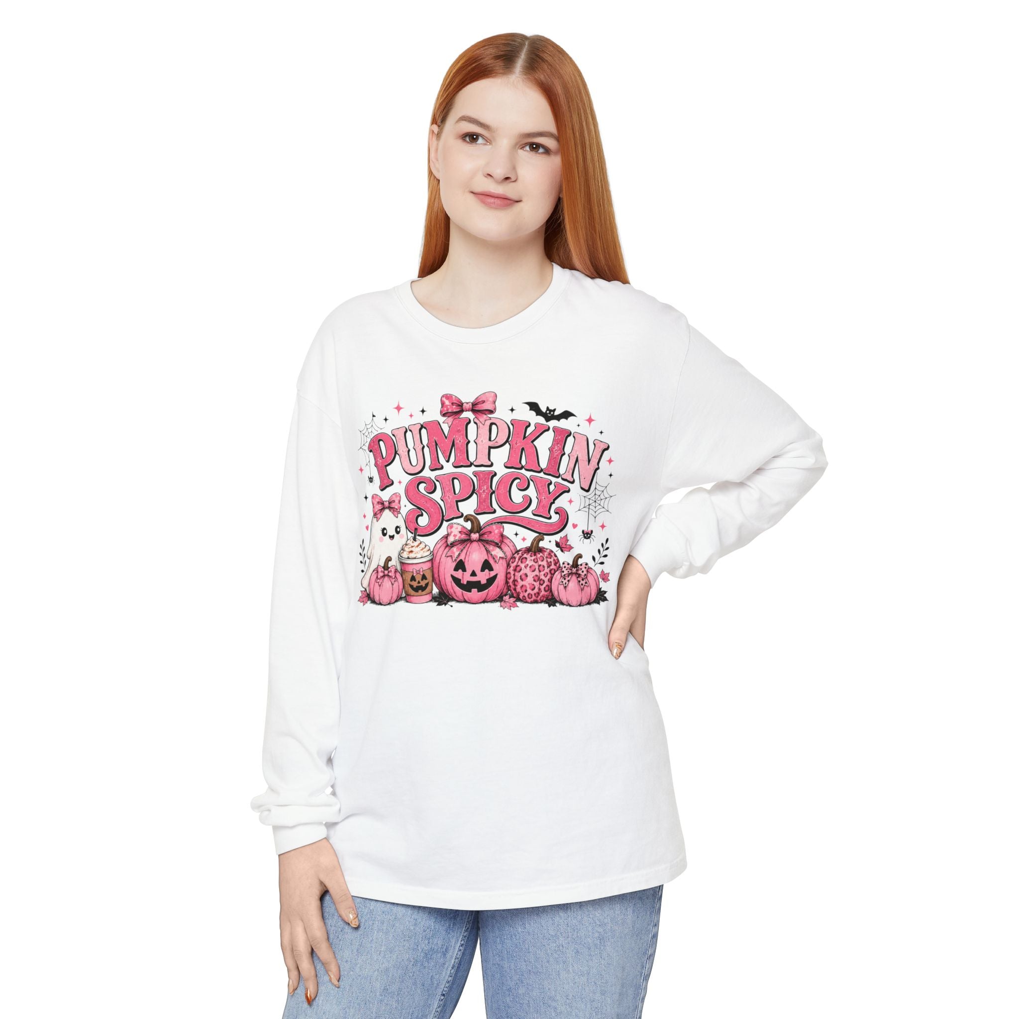 Pumpkin Spicy Long Sleeve Tee — Cute Pink Halloween Pumpkin Design