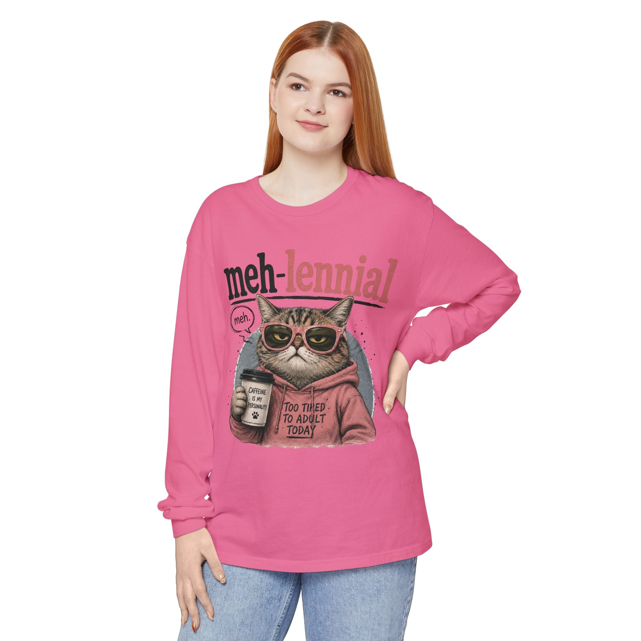 Meh-lennial Cat Long Sleeve Tee — "Too Tired to Adult Today" Graphic
