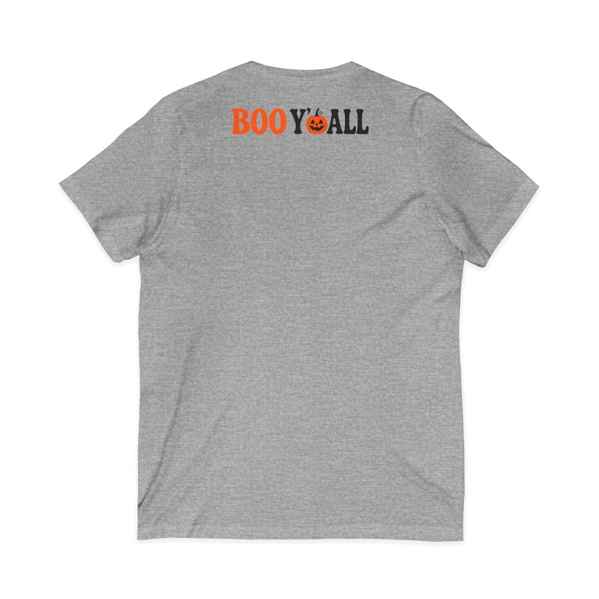 Halloween Highland Cow V-Neck Tee – "Happy Halloween" Boo Y'all Pumpkin Design