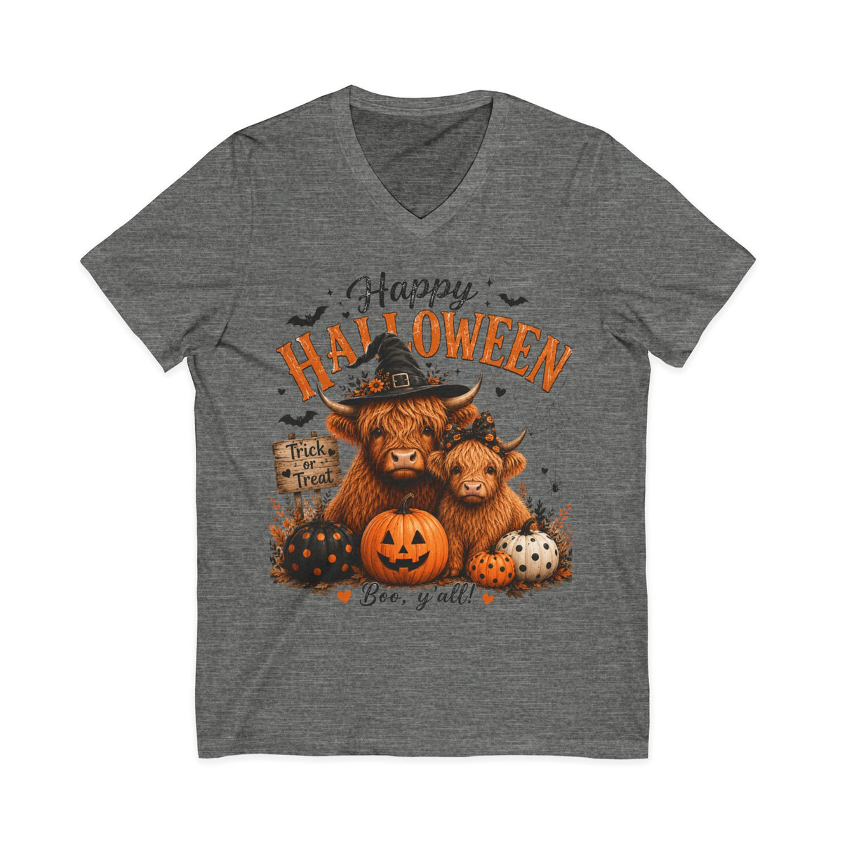 Halloween Highland Cow V-Neck Tee – "Happy Halloween" Boo Y'all Pumpkin Design