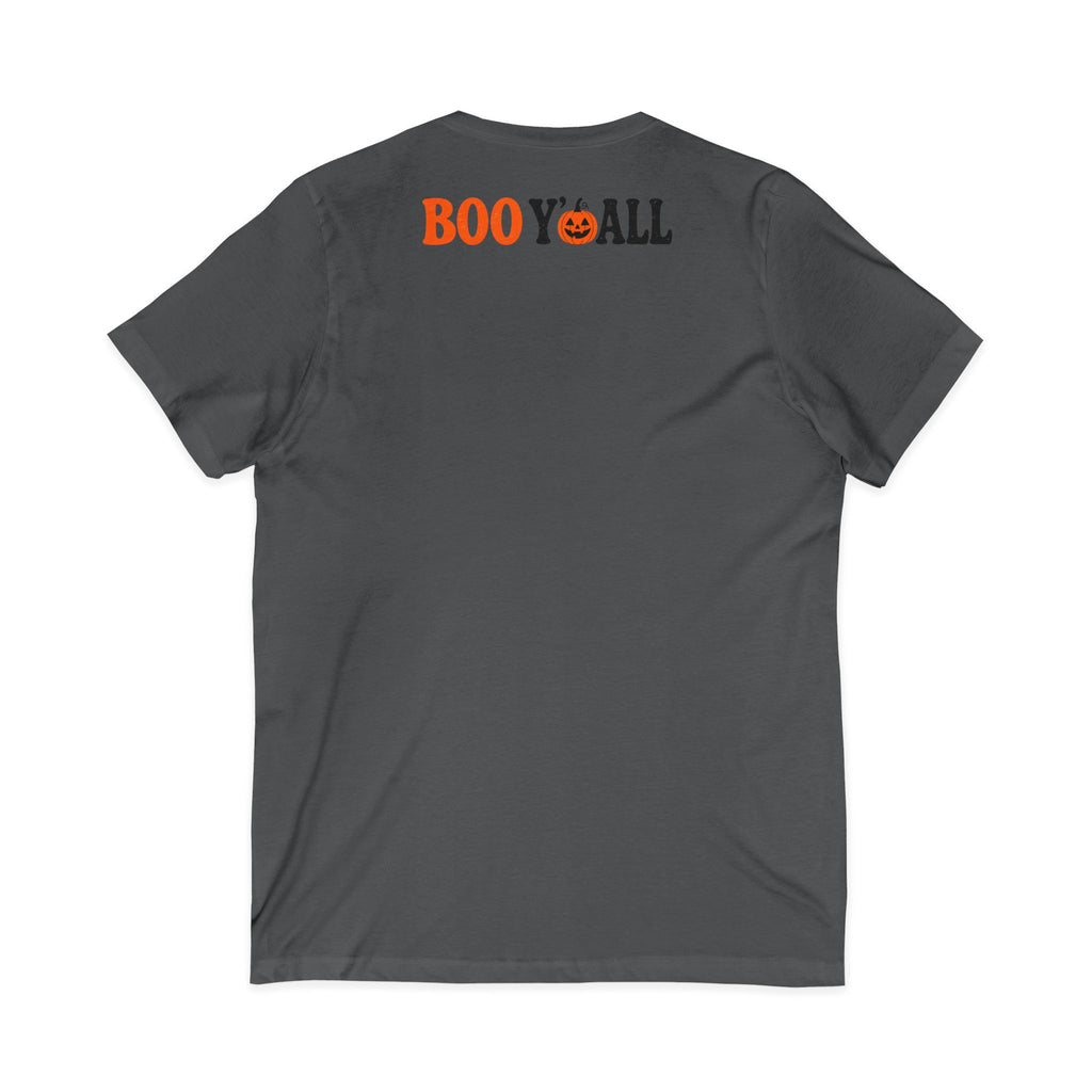Halloween Highland Cow V-Neck Tee – "Happy Halloween" Boo Y'all Pumpkin Design