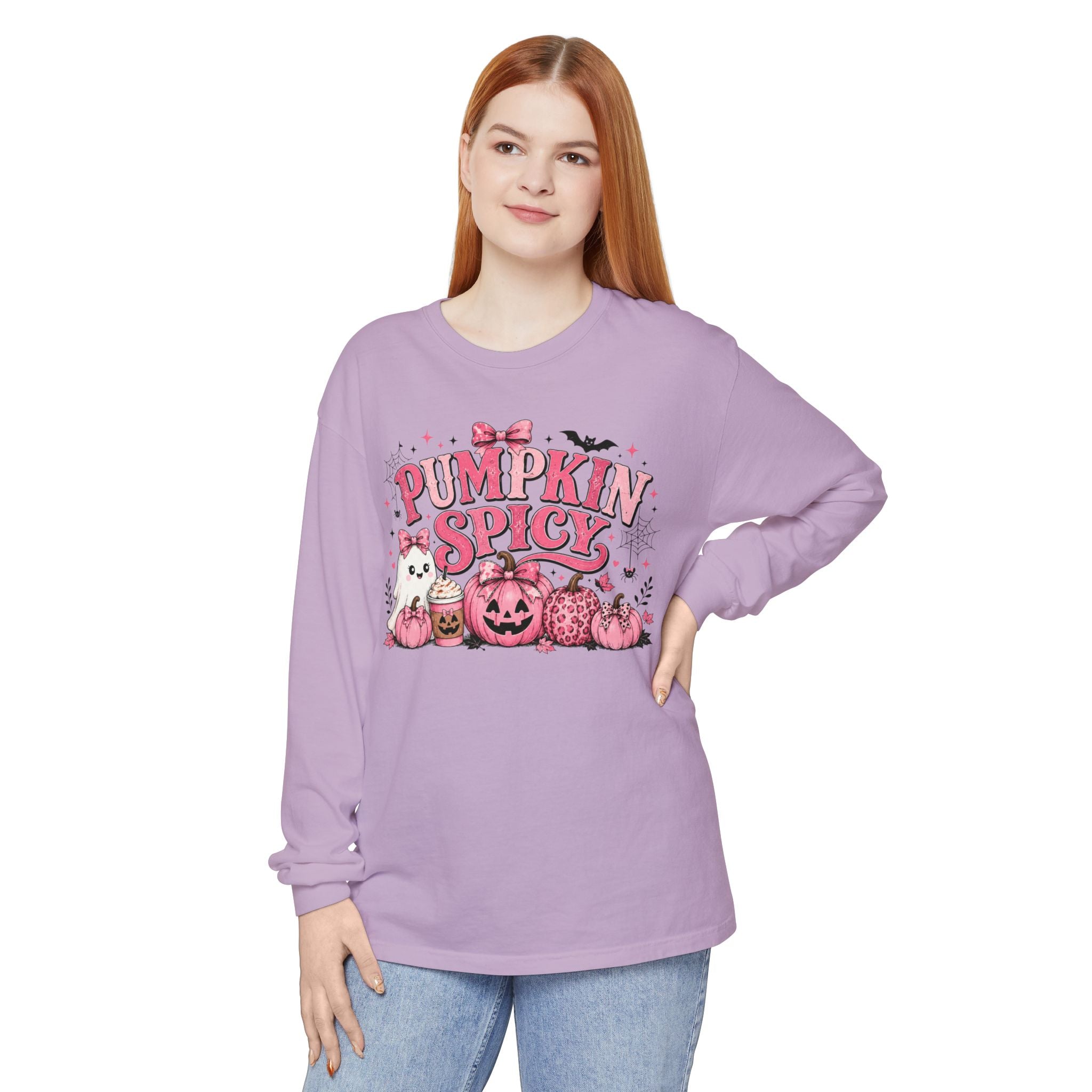 Pumpkin Spicy Long Sleeve Tee — Cute Pink Halloween Pumpkin Design
