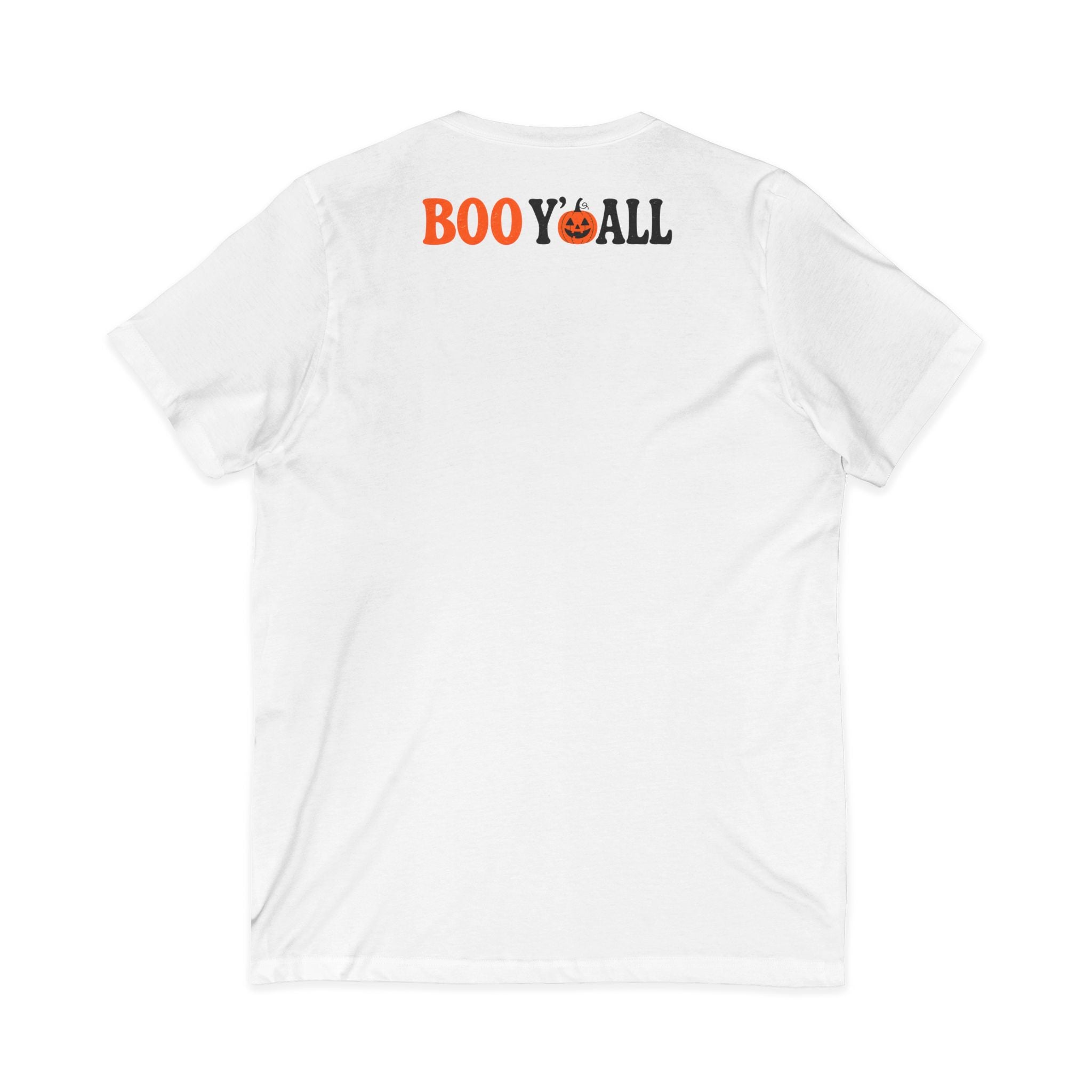 Halloween Highland Cow V-Neck Tee – "Happy Halloween" Boo Y'all Pumpkin Design