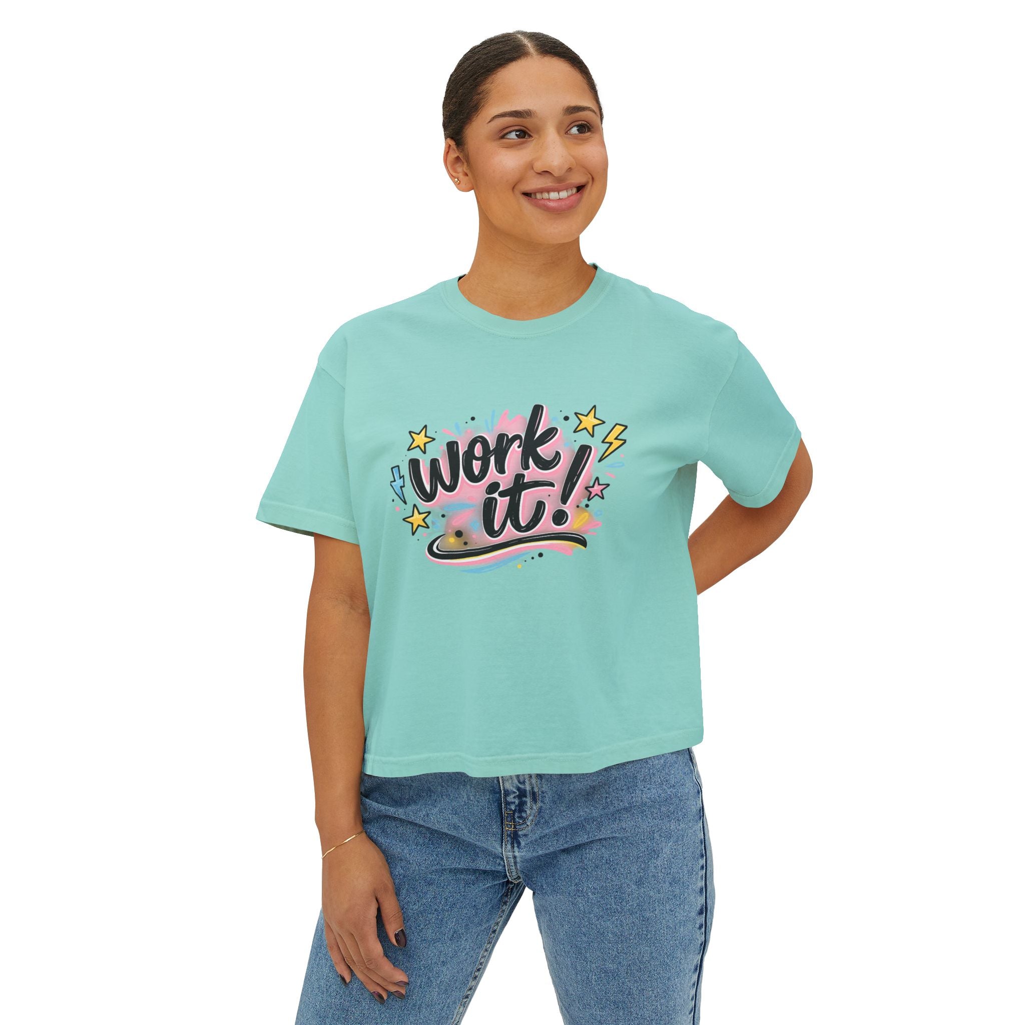 Work It! Women's Boxy Tee — Retro Motivational Graphic "I Put My Thang Down"