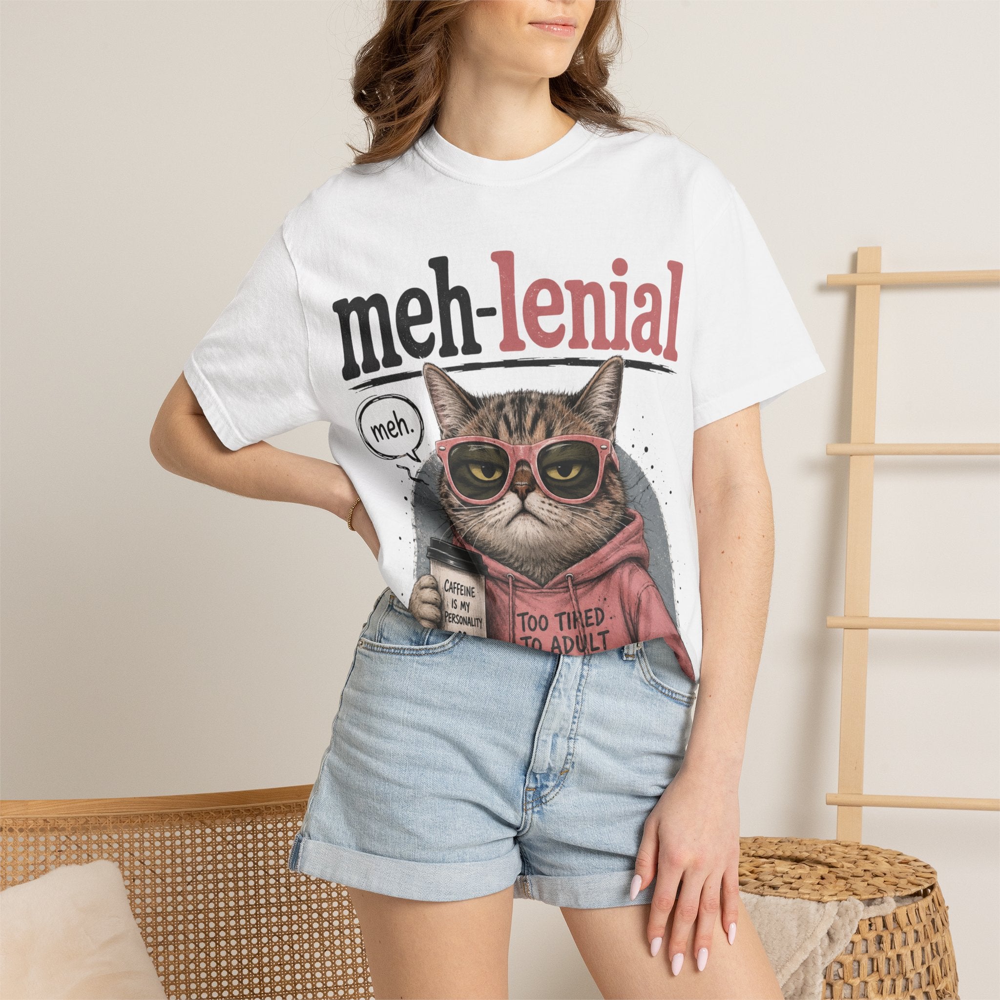 Meh-lenial Cat T-Shirt — "Too Tired to Adult Today" Graphic Tee